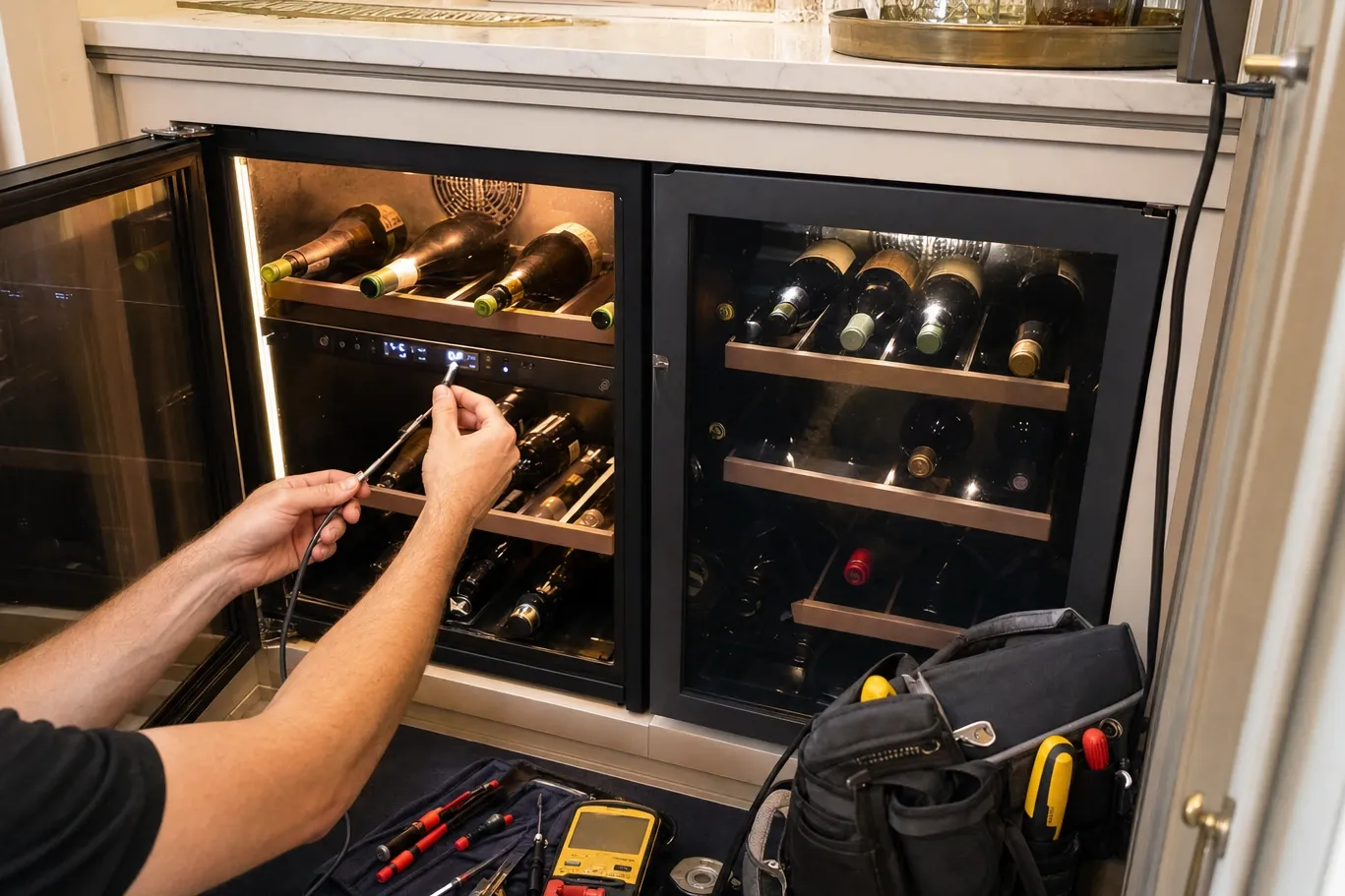 Two undercounter wine cabinets in a cabinet run, one door open, a hand holding a probe at the control display with tools laid out on the floor