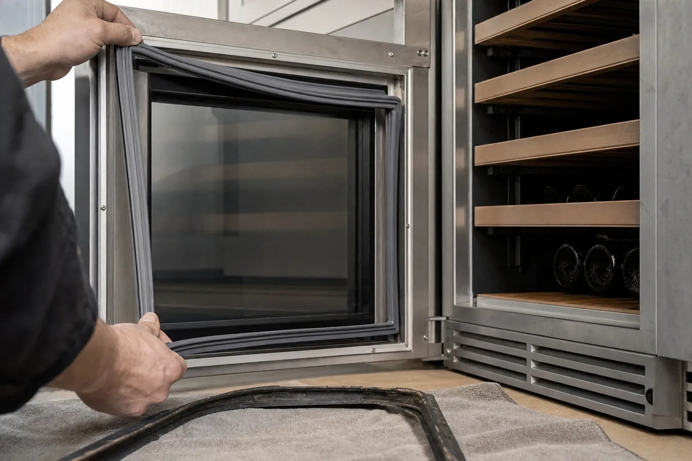 Hands fitting a new grey gasket onto the glass door of an undercounter wine cabinet, the old black gasket on a towel below