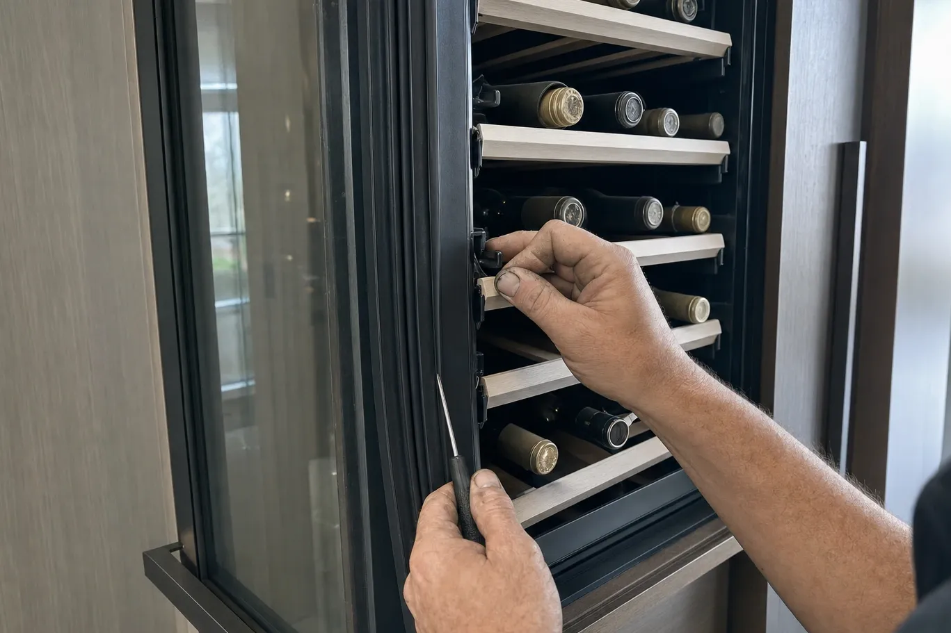 Hands with a small driver at the inner door frame of a tall glass-door wine column, bottles on wooden racks behind